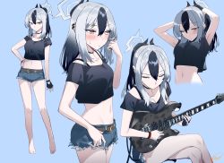 Rule 34 | 1girl, alternate costume, arms up, bare legs, barefoot, belt, black hair, blew andwhite, blue archive, blush, choker, closed mouth, crop top, demon horns, denim, denim shorts, earclip, electric guitar, fingerless gloves, gloves, gradient hair, guitar, hair between eyes, halo, highres, holding, holding instrument, horns, instrument, kayoko (blue archive), looking at viewer, midriff, mole, mole on neck, multicolored hair, multiple views, music, navel, nicovideo, one eye closed, playing instrument, ponytail, red eyes, short shorts, shorts, simple background, single glove, sweatdrop, two-tone hair, white hair