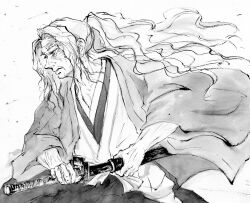 Rule 34 | 1boy, absurdres, commentary request, cpctbepfk4l2gax, facial mark, floating hair, from side, greyscale, haori, highres, japanese clothes, katana, kimetsu no yaiba, kimono, long hair, looking away, male focus, monochrome, old, old man, ponytail, profile, sheath, simple background, solo, spoilers, sword, traditional media, tsugikuni yoriichi, unsheathing, upper body, very long hair, weapon, wrinkled skin