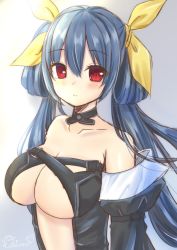 Rule 34 | 1girl, bare shoulders, black choker, blue hair, blush, breasts, choker, cleavage, closed mouth, collarbone, commentary request, detached sleeves, dizzy (guilty gear), gradient background, guilty gear, guilty gear x, guilty gear xx, hair between eyes, hair ribbon, hair rings, juliet sleeves, large breasts, long hair, long sleeves, looking at viewer, puffy sleeves, red eyes, revealing clothes, ribbon, ritacoeri, signature, sketch, solo, twintails, upper body, yellow ribbon