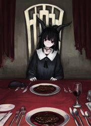 Rule 34 | 1girl, absurdres, animal, black choker, black hair, black nails, black neckwear, black shirt, blunt bangs, chair, choker, closed mouth, cup, curtains, cutlery, demon horns, dilated pupils, drink, drinking glass, expressionless, fingernails, food, food request, fork, frilled shirt collar, frills, highres, horns, indoors, knife, long fingernails, long hair, long sleeves, looking at viewer, mouse (animal), nail polish, original, pale skin, plate, purple eyes, red curtains, shii595, shirt, sitting, solo, spoon, straight-on, table, table knife, torn curtains, tray, wine glass