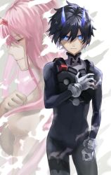 Rule 34 | 10s, 1boy, 1girl, black bodysuit, black hair, blue eyes, blue horns, bodysuit, breasts, closed eyes, commentary request, couple, darling in the franxx, gloves, hair over breasts, hand on own chest, hetero, highres, hiro (darling in the franxx), horns, long hair, looking at viewer, medium breasts, oni horns, pilot suit, pink hair, red horns, sa nomaru, short hair, topless male, white gloves, zero two (darling in the franxx)
