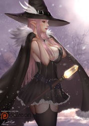 Rule 34 | 1girl, ariverkao, black thighhighs, blurry, blurry background, breasts, brown eyes, choker, cloak, cowboy shot, dated, dress, earrings, fur trim, hat, jewelry, large breasts, lips, long hair, original, outdoors, patreon logo, pink hair, pointy ears, profile, signature, solo, strapless, strapless dress, thighhighs, witch hat