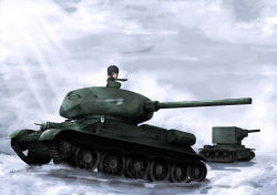 Rule 34 | 10s, 1girl, day, girls und panzer, jinguu (4839ms), katyusha (girls und panzer), kv-2, military, military vehicle, motor vehicle, sky, snow, t-34, t-34-85, tank