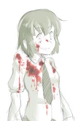 Rule 34 | 10s, 1girl, amputee, armless amputee, blood, blood on clothes, crazy eyes, crazy smile, double amputee, dress shirt, katawa shoujo, looking at viewer, necktie, puffy sleeves, shirt, short hair, simple background, sketch, smile, solo, tezuka rin, white background, yandere