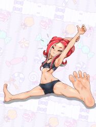 Rule 34 | 1girl, :&lt;, arm up, armpits, bare legs, barefoot, bike shorts, black shorts, black sports bra, breasts, cleavage, closed eyes, closed mouth, feet, foot focus, full body, groin, hand on own arm, highres, koharu2.5, long hair, medium breasts, motion lines, navel, nintendo, octoling, octoling girl, octoling player character, red hair, shorts, sitting, solo, splatoon (series), sports bra, stretching, suction cups, tentacle hair