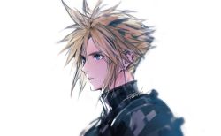 Rule 34 | 1boy, armor, blonde hair, blue eyes, cloud strife, danhu, earrings, final fantasy, final fantasy vii, final fantasy vii remake, hair between eyes, jewelry, looking to the side, male focus, parted lips, portrait, short hair, shoulder armor, signature, single earring, sketch, solo, spiked hair, square enix, turtleneck, upper body, white background