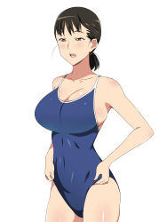 Rule 34 | 1girl, adjusting clothes, adjusting swimsuit, black hair, breasts, brown eyes, cameltoe, cleavage, competition school swimsuit, covered navel, freckles, highres, kagemusha, large breasts, one-piece swimsuit, open mouth, original, ponytail, school swimsuit, simple background, solo, swimsuit, teeth, white background