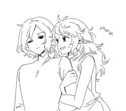 Rule 34 | 1boy, 1girl, arm hug, bags under eyes, clinging, dungeon meshi, elf, fleki, korean text, lazy eye, long hair, long sleeves, mithrun, monochrome, notched ear, open mouth, oppaititianaru, pointy ears, shirt, short hair, sleeveless, smile, sweatdrop, tunic, uneven eyes, upper body, wavy hair