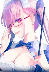 Rule 34 | 1girl, absurdres, adjusting eyewear, aqua hair, blue bow, blue bowtie, blue dress, blush, bow, bowtie, braid, breasts, cleavage, colored inner hair, crown braid, dress, glasses, hair ribbon, highres, hololive, huge filesize, large breasts, long hair, looking at viewer, maid headdress, minato aqua, minato aqua (1st costume), muike, multicolored hair, open mouth, pink eyes, pink hair, ribbon, simple background, smile, solo, twintails, two-tone hair, upper body, virtual youtuber, white background