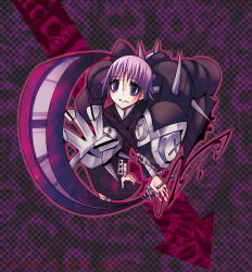 Rule 34 | 00s, androgynous, biting, black dress, black skin, blunt bangs, colored skin, crona (soul eater), cuff links, dress, from above, gauntlets, gender request, gloves, high collar, long sleeves, looking at viewer, muscular, pink hair, polearm, purple eyes, ragnarok (demon sword), scythe, short hair, soul eater, spikes, striped clothes, striped gloves, sword, underwear, weapon, x x
