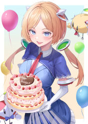 Rule 34 | 1girl, :d, aki rosenthal, aki rosenthal (1st costume), awa (awao141), balloon, blonde hair, blue jacket, bob cut, cake, collar, commentary, detached hair, detached sleeves, dress, elbow gloves, food, fruit, gloves, happy birthday, headgear, heart, highres, holding, holding plate, hololive, icing, jacket, looking at viewer, low twintails, macaron, necktie, open mouth, parted bangs, plate, pleated dress, purple eyes, red necktie, rosen-tai, short dress, short hair, short sleeves, smile, strawberry, twintails, twitter username, virtual youtuber, white dress, white gloves