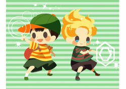 Rule 34 | 2boys, alternate color, backpack, bag, baseball cap, black hair, black shorts, blonde hair, blush stickers, brown footwear, casting spell, chibi, closed mouth, full body, green footwear, green headwear, green shorts, green socks, hat, hitofutarai, index finger raised, lucas (mother 3), male focus, mother (game), mother 2, mother 3, multiple boys, ness (mother 2), nintendo, outstretched arm, player 2, red bag, shirt, shorts, smile, socks, striped background, striped clothes, striped shirt, super smash bros., white socks