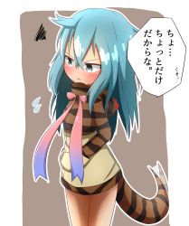 Rule 34 | 10s, 1girl, absurdres, blue hair, blush, bow, brown background, brown hoodie, flying sweatdrops, gradient ribbon, green eyes, hair between eyes, hands in pocket, highres, hood, hood down, hoodie, idaten93, kemono friends, long hair, long sleeves, looking away, looking down, parted lips, pink bow, pink ribbon, purple ribbon, ribbon, snake tail, solo, squiggle, striped clothes, striped hoodie, striped tail, tail, tail wagging, translated, tsuchinoko (kemono friends), two-tone background, v-shaped eyebrows, very long hair, white background
