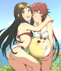 Rule 34 | 2girls, ass, back, bikini, black hair, blush, breasts, brown hair, cleavage, fan la norne, feather hair, hair ribbon, highres, hug, long hair, looking at viewer, lora (xenoblade), medium breasts, multiple girls, navel, open mouth, parted lips, ribbon, simple background, smile, swimsuit, tomaja sougou, xenoblade chronicles (series), xenoblade chronicles 2, xenoblade chronicles 2: torna - the golden country, yellow eyes