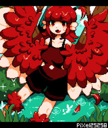 Rule 34 | 1girl, animal ears, artist name, bare shoulders, bird ears, bird legs, black shorts, commentary request, fang, feathered wings, feathers, grass, harpy, letterboxed, medium hair, monster girl, open mouth, original, outdoors, partially submerged, pixel25251, pixel art, red eyes, red feathers, red hair, red tank top, red wings, shorts, sidelocks, solo, tank top, tree, water, winged arms, wings