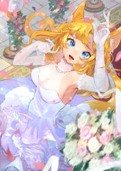 Rule 34 | 1girl, absurdres, animal ear fluff, animal ears, blonde hair, blue eyes, bouquet, breasts, cleavage, collarbone, dress, fangs, flower, fox ears, fox girl, halter dress, halterneck, highres, jewelry, long hair, md5 mismatch, medium breasts, mole, mole under mouth, necklace, open hand, original, parted bangs, pink flower, pink rose, resolution mismatch, rose, see-through, see-through cleavage, source larger, wedding dress, white dress, white flower, white rose, yaya (88cha)