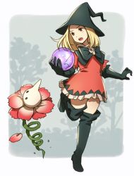 Rule 34 | 1girl, blonde hair, boots, bow, brave fencer musashiden, breasts, commentary request, dress, flower, giara, gloves, hat, long hair, monster, sassa (cb), thigh boots, thighhighs, witch hat