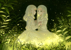 Rule 34 | 2girls, bad id, bad pixiv id, commentary, dark, dress, eye contact, fireflies, frills, glowing, glowing hair, green eyes, green theme, hair ornament, hair ribbon, highres, holding hands, interlocked fingers, leaf hair ornament, long hair, long sleeves, looking at another, multiple girls, nature, neck ribbon, original, pabo, plant, profile, ribbon, see-through, siblings, sisters, sitting, symbol-only commentary, tears, tress ribbon, twins, white dress, white hair