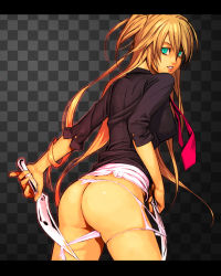Rule 34 | 1girl, ass, bad id, bad pixiv id, blonde hair, bottomless, checkered background, cowboy shot, green eyes, knife, letterboxed, long hair, mustard seeds, necktie, no pants, original, panties, solo, torn clothes, torn panties, underwear, yuuji (and)