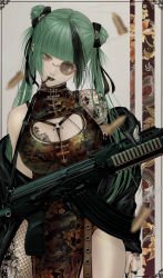 1girl, absurdres, assault rifle, bangs, between breasts, black hair, black jacket, black lips, black nails, blunt bangs, blurry, blurry foreground, breast tattoo, breasts, china dress, chinese clothes, cigarette, cleavage, cleavage cutout, clothing cutout, cross, cross necklace, depth of field, double bun, dragon print, dress, ear piercing, fishnet legwear, fishnets, floral print, framed, green hair, grey background, grey eyes, gun, hair intakes, harness, head tilt, highres, huge filesize, jacket, jewelry, large breasts, lipstick, long hair, long sleeves, looking at viewer, makeup, mole, mole on breast, mole under eye, mole under mouth, monocle, multicolored hair, nail polish, necklace, open clothes, open jacket, original, outside border, pelvic curtain, piercing, rifle, ring, satsuki kei, side slit, sleeveless, sleeveless dress, smoke, smoking, solo, tattoo, two-tone hair, weapon