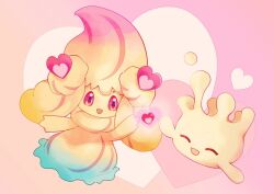 Rule 34 | :d, alcremie, closed eyes, commentary request, creatures (company), evolutionary line, game freak, gen 8 pokemon, happy, heart, highres, milcery, nintendo, no humans, open mouth, osaki makura, pink eyes, pokemon, pokemon (creature), smile