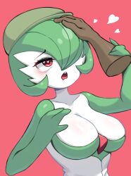 Rule 34 | 1girl, arm up, bags under eyes, blush, bob cut, breasts, cabbie hat, cleavage, clothed pokemon, collarbone, colored skin, creatures (company), disembodied hand, drooling, female focus, game freak, gardevoir, gen 3 pokemon, green hair, green headwear, green skin, hair over one eye, half-closed eyes, hand on another&#039;s arm, hand up, hat, heart, heart-shaped pupils, highres, ilgirul, large breasts, looking up, mouth drool, multicolored skin, nintendo, one eye covered, open mouth, pokemon, pokemon (creature), raised eyebrows, red background, red eyes, short hair, simple background, solo focus, standing, symbol-shaped pupils, teeth, tongue, two-tone skin, upper body, white skin