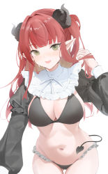 Rule 34 | 1girl, absurdres, black bra, bra, breasts, cleavage, collar, cosplay, dingding (chongsangjun), frilled collar, frills, green eyes, hand in own hair, highres, horns, kitagawa marin, large breasts, long hair, looking at viewer, navel, pointy ears, red eyes, rizu-kyun, rizu-kyun (cosplay), simple background, smile, solo, sono bisque doll wa koi wo suru, underwear, white background, white collar