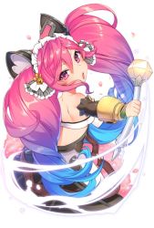 Rule 34 | 1girl, aqua hair, bangle, bare shoulders, bracelet, cleo (dragalia lost), detached sleeves, dragalia lost, dress, gradient hair, hair ornament, headdress, jewelry, lio (tsukuyomi-tei), looking back, multicolored hair, open mouth, petals, pink eyes, pink hair, simple background, solo, twintails, wand, white background
