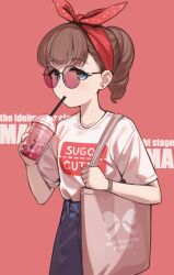 Rule 34 | absurdres, bag, blue pants, breasts, brown hair, copyright name, cup, disposable cup, drinking straw, earrings, fingernails, highres, holding, holding bag, holding cup, idolmaster, idolmaster cinderella girls, jewelry, looking at viewer, nail polish, pants, ponytail, red background, round eyewear, sakuma mayu, shirt, simple background, small breasts, stariklil, stud earrings, tinted eyewear, tote bag, white shirt