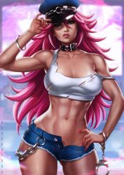 Rule 34 | 1girl, artist name, bracelet, breasts, cleavage, collar, cuffs, dandon fuga, denim, final fight, frown, handcuffs, hat, jewelry, long hair, medium breasts, nail polish, navel, peaked cap, pink hair, poison (final fight), short shorts, shorts, solo, standing, tank top, toned, toothpick, torn clothes, unbuttoned