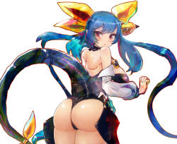 Rule 34 | 1girl, ass, bare shoulders, blue hair, breasts, byte (grunty-hag1), detached sleeves, dizzy (guilty gear), female focus, from behind, guilty gear, hair ornament, huge breasts, long hair, looking at viewer, looking back, monster girl, red eyes, simple background, solo, standing, tail, very long hair, white background