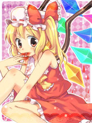Rule 34 | 1girl, bare legs, blonde hair, blood, blush, crystal, demon wings, female focus, flandre scarlet, hat, kuguri oimo, looking at viewer, mob cap, side ponytail, sitting, solo, tareme, touhou, white hat, wings