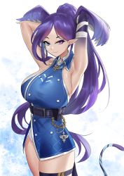 Rule 34 | 1girl, absurdres, armpits, arms behind head, arms up, bandaged arm, bandages, belt, black belt, blue dress, blue eyes, boots, breasts, buttons, collared dress, cowboy shot, double-breasted, dragon girl, dragon tail, dress, gradient dress, head wings, heterochromia, highres, large breasts, nijisanji, nijisanji en, official alternate costume, official alternate hairstyle, pointy ears, ponytail, pouch, purple eyes, purple hair, selen tatsuki, selen tatsuki (2nd costume), sideboob, sleeveless, solo, swept bangs, tail, thigh boots, tofu (killer150), virtual youtuber, wings