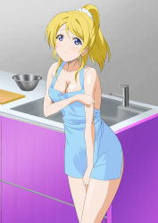 Rule 34 | 10s, 1girl, apron, ayase eli, blonde hair, blue eyes, blush, breasts, cleavage, embarrassed, frown, hair ornament, hair scrunchie, indoors, kitchen, large breasts, light blush, long hair, looking at viewer, love live!, love live! school idol project, magicalflight, naked apron, no bra, ponytail, scrunchie, sink, solo, standing