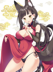 Rule 34 | 1girl, animal ear fluff, animal ears, black hair, black panties, breasts, bridal gauntlets, china dress, chinese clothes, cleavage, closed mouth, clothes lift, covered navel, dress, dress lift, earrings, fox ears, fox girl, fox tail, highres, index finger raised, jewelry, large breasts, lifting own clothes, lips, miyano ururu, original, panties, pom pom (clothes), red dress, side-tie panties, sleeveless, sleeveless dress, smile, solo, string panties, tail, underwear, yellow eyes