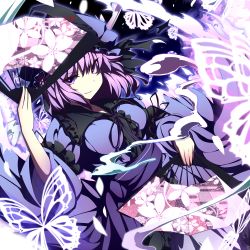 Rule 34 | 1girl, album cover, butterfly hair ornament, cover, dual wielding, hand fan, female focus, folding fan, hair ornament, hat, holding, long sleeves, looking at viewer, pink eyes, pink hair, purple hair, saigyouji yuyuko, sash, smile, solo, touhou, ugume, wide sleeves