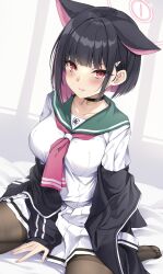 Rule 34 | 1girl, absurdres, animal ears, bed sheet, black choker, black hair, black jacket, black pantyhose, blue archive, blush, breasts, cat ears, choker, closed mouth, collarbone, colored inner hair, extra ears, fingernails, green sailor collar, hair ornament, hairclip, halo, highres, hyouta (yoneya), jacket, kazusa (blue archive), large breasts, looking at viewer, multicolored hair, neckerchief, open clothes, open jacket, pantyhose, pink hair, pink halo, pink neckerchief, pleated skirt, red eyes, sailor collar, short hair, skirt, solo, white skirt