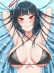 Rule 34 | 1girl, absurdres, armpits, arms behind head, arms up, bikini, black bikini, black hair, blue archive, blunt bangs, blush, breasts, breasts apart, closed mouth, collarbone, commentary, halo, highres, large breasts, long hair, looking at viewer, micchan (micchanmeido), official alternate costume, presenting armpit, raised eyebrows, red eyes, sideboob, solo, string bikini, swimsuit, tsurugi (blue archive), tsurugi (swimsuit) (blue archive), underboob, upper body, water, wet