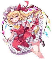Rule 34 | 1girl, ascot, basket, blonde hair, blush, breasts, flandre scarlet, hair ribbon, hat, highres, holding, holding basket, kasane (cynthia), long hair, mob cap, red eyes, red ribbon, red shirt, red skirt, remilia scarlet, ribbon, shirt, side ponytail, simple background, skirt, small breasts, smile, solo, stuffed toy, touhou, vampire, white background, white hair, wings, yellow ascot