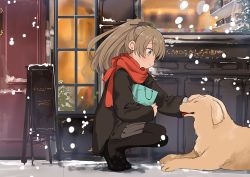 Rule 34 | 1girl, animal, bad id, bad twitter id, bag, black legwear, blue eyes, blush, brown hair, closed eyes, closed mouth, dog, door, from side, full body, holding, holding bag, jacket, kantai collection, kumano (kancolle), loafers, long hair, long sleeves, looking at animal, outdoors, petting, ponytail, red scarf, scarf, shoes, shopping bag, skirt, smile, snow, snowing, squatting, tiptoes, tongue, tongue out, ume (plumblossom), window