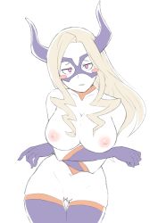 Rule 34 | 10s, 1girl, artist request, blonde hair, blush, blush stickers, boku no hero academia, breasts, cleavage, crossed arms, domino mask, drill hair, embarrassed, facing viewer, gloves, gluteal fold, groin, highres, horns, large breasts, long hair, looking at viewer, mask, mount lady, navel, nipples, nude, parted lips, purple eyes, pussy, shy, simple background, smile, solo, standing, teeth, thighhighs, uncensored, white background