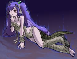 Rule 34 | bandages, bolt, choutako, long hair, purple hair, red eyes, tail, torn clothes
