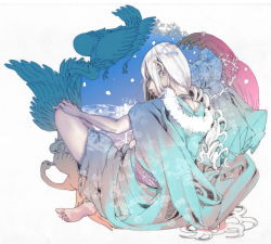 Rule 34 | androgynous, animal, barefoot, bird, colorful, from behind, gender request, jewelry, crossed legs, long hair, maako (waruiko), necklace, original, ringlets, robe, sitting, snowflakes, solo, surreal, white hair
