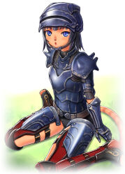 Rule 34 | 1girl, :o, armor, adventurer (ff11), black gloves, black panties, blue armor, blue eyes, blue hair, blue headwear, blue pupils, breastplate, carapace, cat girl, cat tail, chin strap, dark blue hair, elbow gloves, final fantasy, final fantasy xi, gauntlets, gloves, grass, helmet, looking at viewer, mithra (ff11), open mouth, panties, red thighhighs, short hair, shoulder armor, sitting, solo, tail, taisai soft, thighhighs, underwear, wariza