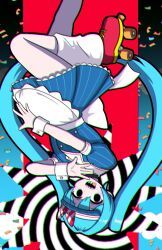 Rule 34 | 1girl, alternate costume, apron, back bow, black choker, blue dress, blue hair, blue hat, blush, bow, choker, cloud, confetti, crazy, dodecagram, dress, empty eyes, hat, hatsune miku, highres, leg up, long hair, mesmerizer (vocaloid), multicolored bow, nanju bami, pinstripe hat, puffy sleeves, red background, red bow, roller skates, sharp teeth, short sleeves, skates, socks, solo, spiral, striped bow, striped clothes, striped dress, striped headwear, teeth, tongue, tongue out, twintails, upside-down, vertical-striped clothes, vertical-striped dress, vertical-striped headwear, very long hair, visor cap, vocaloid, white apron, white bow, white socks, white wrist cuffs, wrist cuffs