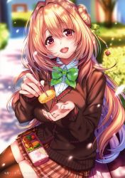 Rule 34 | 1girl, :d, absurdres, bento, blonde hair, blouse, blurry, blurry background, blush, bow, breasts, brown thighhighs, buttons, cardigan, chopsticks, day, dress shirt, fingernails, food, hair ornament, hanikami kanojo, head tilt, highres, hiiragi sano, holly hair ornament, long sleeves, looking at viewer, medium breasts, omelet, open mouth, outdoors, piromizu, red eyes, scan, school uniform, shiny clothes, shirt, sitting, skirt, smile, solo, striped, sweater, tamagoyaki, thighhighs, white shirt, zettai ryouiki