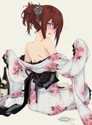 Rule 34 | 1girl, alcohol, alternate hairstyle, back, bare back, bare shoulders, blue eyes, blush, bottle, brown hair, cherry blossoms, clothes down, drunk, embarrassed, floral print, flower, from behind, furisode, hair ornament, hair up, japanese clothes, kanzashi, kimono, long hair, looking at viewer, looking back, makise kurisu, nape, no bra, obi, off shoulder, open mouth, petals, saipaco, sakazuki, sake, sake bottle, sash, solo, steins;gate, tabi, tears, undressing