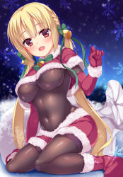 Rule 34 | 1girl, aria (koiiroharemoyou), arihara nanami, bad id, bad pixiv id, bell, blonde hair, blush, bodystocking, boots, bow, braid, breasts, capelet, commentary request, covered navel, crown braid, elbow gloves, french braid, fur-trimmed boots, fur-trimmed capelet, fur-trimmed gloves, fur-trimmed shorts, fur trim, gloves, green bow, groin, hair bell, hair between eyes, hair bow, hair ornament, hand up, long hair, looking at viewer, night, night sky, open mouth, outdoors, red capelet, red eyes, red footwear, red gloves, red shorts, riddle joker, sack, santa costume, short shorts, shorts, sidelocks, sitting, sky, snowflakes, solo, underboob, very long hair, wariza
