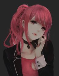 Rule 34 | 1girl, aoi ogata, artist name, black jacket, borrowed character, braid, choker, cleavage cutout, clothing cutout, commission, female focus, french braid, grey background, head tilt, highres, jacket, jewelry, lips, original, pendant, pink hair, ponytail, simple background, solo, suit jacket, upper body