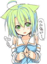 Rule 34 | 1girl, ahoge, animal ears, blush, breasts, cat ears, cat tail, cleavage, dodome-iro mayonnaise, green eyes, green hair, lowres, matching hair/eyes, original, sharon (dodomayo), short hair, simple background, solo, tail, tears, text focus, translated, white background